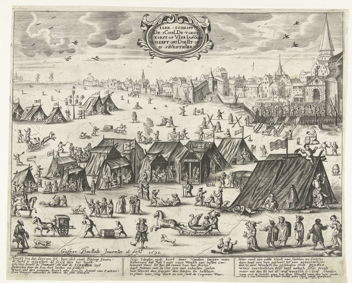 IJsvermaak op de, van 2 tot 17 januari 1670, bevroren Schelde bij Antwerpen.