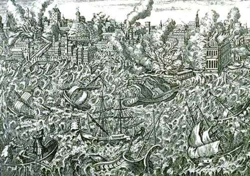 Le Grand Tremblement de Terre de Lisbonne (GTL) du 1er novembre 1755. On remarque les ravages et la ville en flammes et en arrière-plan, le tsunami qui s’engouffra dans l’estuaire du Tage.