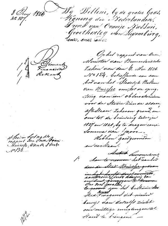 Stichtingsakte van de Koninklijke Sterrenwacht van Brussel ondertekend door Koning Willem I, Koning der Nederlanden op 6 juni 1826.