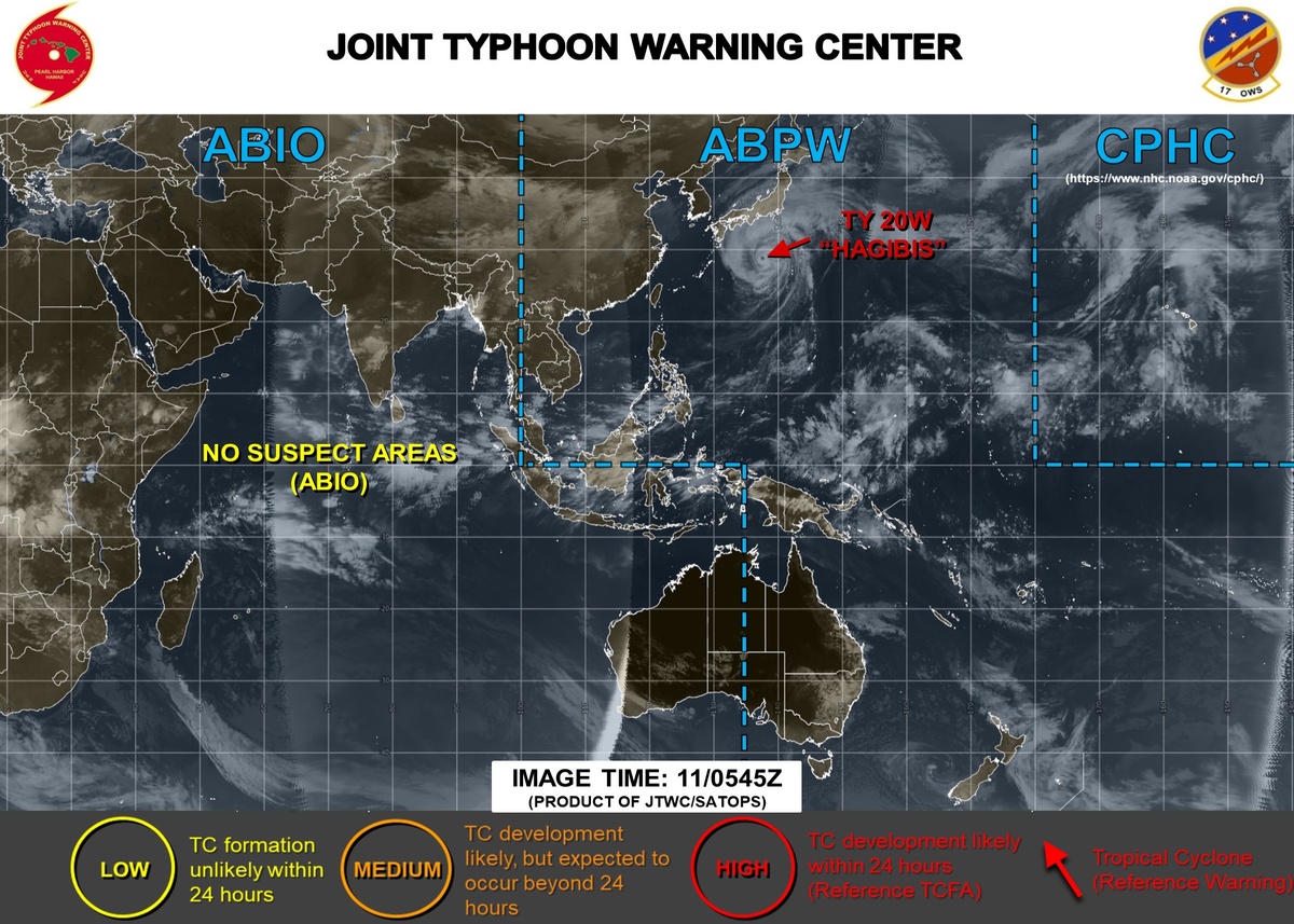 Bron: JTWC, locatie van tyfoon Hagibis op 11 oktober 2019