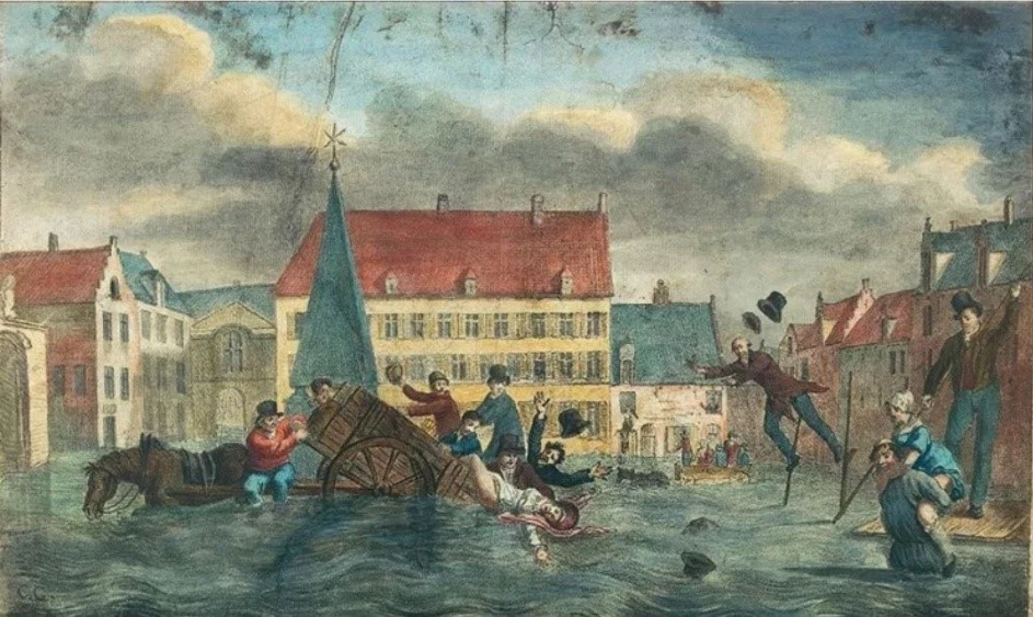 Karikatuur van het Sint-Goriksplein, Brussel, tijdens de overstroming van de Zenne in januari 1820 (ref. K-573 van het Archief van de Stad Brussel).