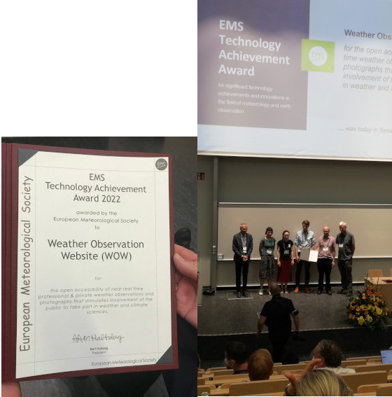 Présentation du "Prix de la réalisation technologique de l'EMS" lors de la réunion annuelle de la Société européenne de météorologie en 2022 à Bonn. Des représentants du UK Met Office, KNMI, Met Éireann et de l'IRM ont accepté conjointement le prix.