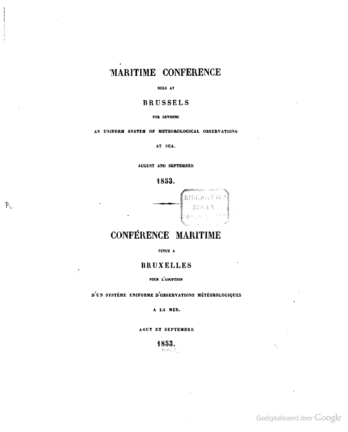 Page-titre des minutes de la "Conférence maritime pour l’adoption d’un système uniforme d’observations météorologiques" tenue à Bruxelles en août et septembre 1853.