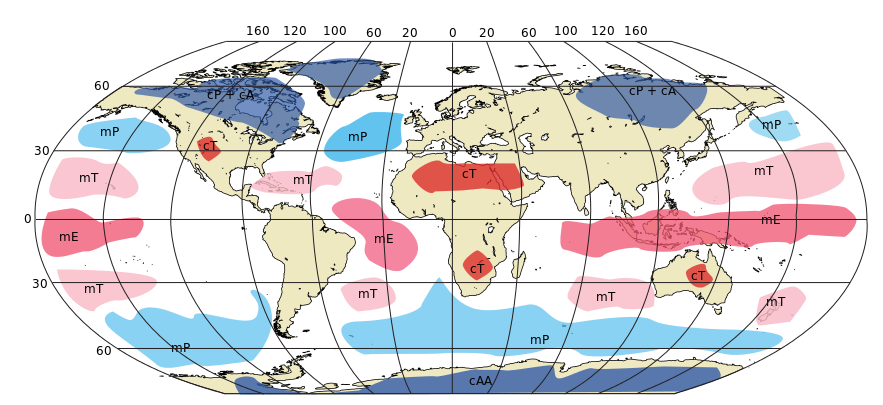 De belangrijkste brongebieden van de luchtmassa's op wereldschaal: m = maritiem, c = continentaal, T = tropisch, P = polair, A = arctisch, E = equatoriaal (bereikt onze streken nooit).