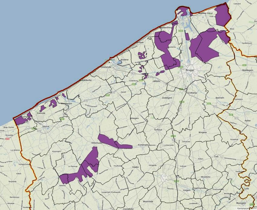 Figuur 4: Kaart van de Vogelrichtlijngebieden in West-Vlaanderen. De overeenkomst met de gebieden die oplichten in de radarbeelden is frappant. Bron: Vlaamse overheid - Agentschap voor Natuur en Bos.