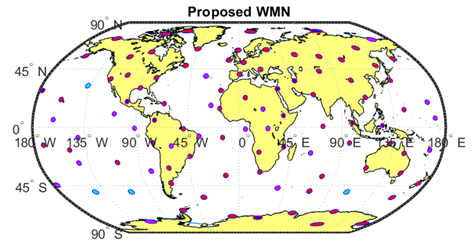Het door het KMI voorgestelde netwerk omvat 4 nieuwe observatoria op de zeebodem (lichtblauw) en 99 aardse observatoria: 66 observatoria bestaande uit Intermagnet (rood), 12 niet-intermagnetische observatoria (donkerblauw omcirkeld rood) en 21 nieuwe terrestrische observatoria (paars) .