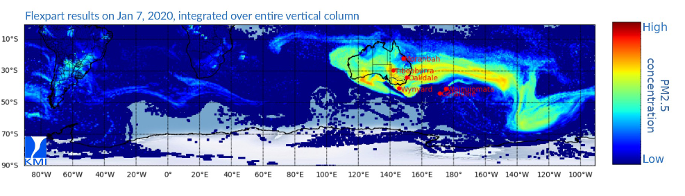 Résultats de la dispersion simulée le 7 janvier 2020. Cette figure montre que les particules provenant des feux de forêt en Australie ont fait le tour du monde.