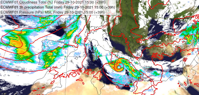 Possible "medicane" sur le centre du Bassin méditerranéen vendredi (cartes de nébulosité, pression atmosphérique et précipitations). Source: ECMWF.