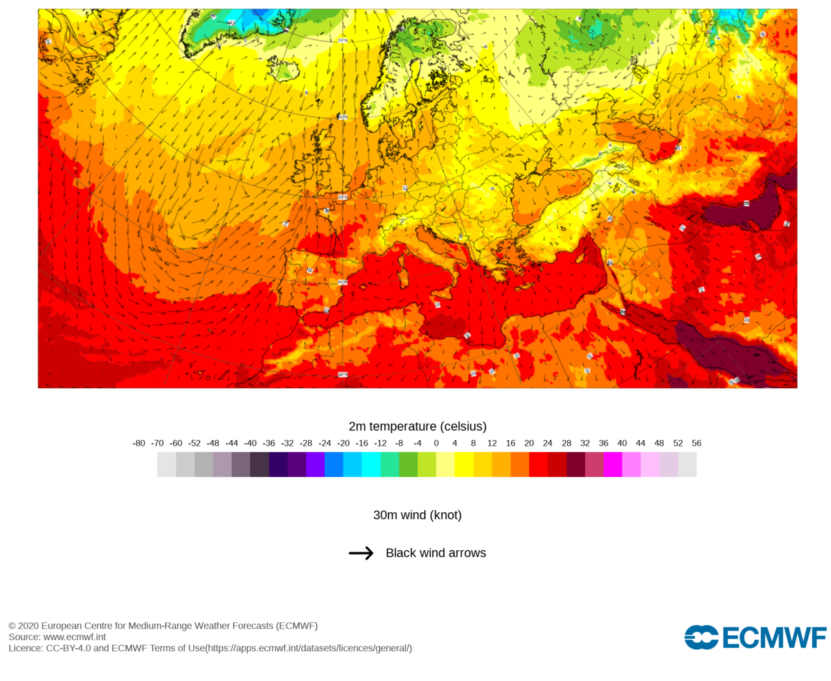 Prévisions des températures à 2 m pour le jeudi 27/10/2022, calculées par le modèle du Centre européen pour les prévisions météorologiques à moyen terme (crédits : CEPMMT). Les prévisions montrent clairement l'apport d'air chaud et de secteur sud vers nos régions.
