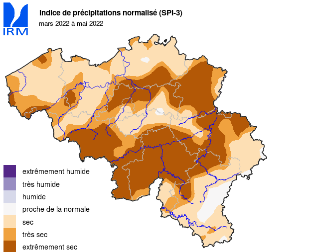 L'indice de sécheresse basé sur les précipitations tombées (SPI-3) pour la période de trois mois allant de mars à mai 2022.