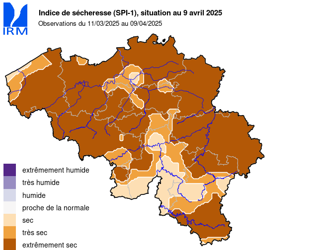 Figure 2: Vue d'ensemble de l'indice SPI du territoire belge sur différentes périodes (1 mois, 2 mois, 3 mois et 6 mois)