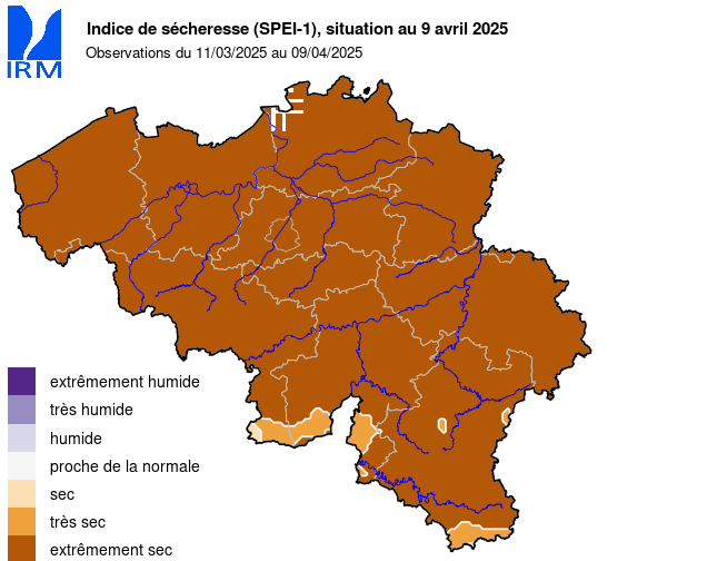 Figure 3: Aperçu de l'indice SPEI sur le territoire belge sur différentes périodes (1 mois, 2 mois, 3 mois et 6 mois)