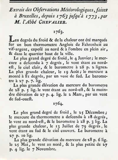 Les observations météorologiques de l'abbé Chevalier en 1763 à Bruxelles ont été publiées dans les "Mémoires" de l'Académie de Bruxelles.