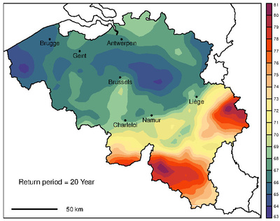 Carte des cumuls de précipitations sur 24h correspondant à une période de retour de 20 ans en Belgique (mm).