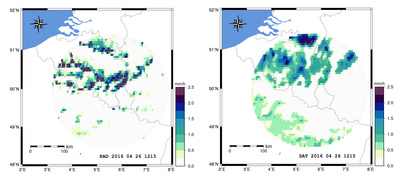 Comparaison entre les données de précipitations du radar météorologique de l'IRM à Wideumont et des estimations satellitaires du projet H-SAF (produit de précipitations H03) pour le 26 avril 2016.