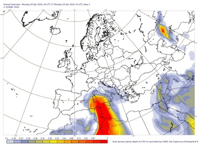 Prévisions de la profondeur optique des aérosols au-dessus de l'Europe. Cette profondeur optique ("épaisseur optique des aérosols" ou AOD) est une mesure de l'extinction du rayonnement solaire par les particules d'aérosol (Source : ECMWF).