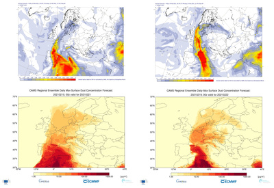 Au-dessus : CAMS prévision globale de la profondeur optique des aérosols du 19 février 2021, valable pour dimanche (à gauche) et lundi (à droite). Ci-dessous : Prévisions régionales du CAMS du 19 février 2021 concernant les concentrations maximales de particules en surface dues à la poussière, valables pour dimanche (à gauche) et lundi (à droite). Crédit : Service de surveillance de l'atmosphère Copernicus/ECMWF