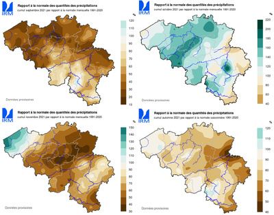 Fig. 1 : Ecart de la quantité de précipitations par rapport à la valeur normale pour les mois de septembre, octobre et novembre. L'écart pour l'automne 2021 est également indiqué.