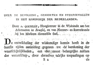 Article d'Adolphe Quetelet publié dans le périodique "De Vriend des Vaderlands" qui a trait à la population, aux naissances et aux décès dans les Pays-Bas et dans lequel il évalue la probabilité de l'augmentation de la population et propose une loi expone