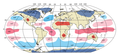 Les principales zones d’origine des masses d’air à l’échelle mondiale : m = maritime, c = co