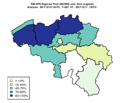 Probabilité de chute de neige estimée à plus de 3 mm sur la base de RMI EPS (cas du 11/12/2017).
