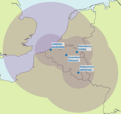 Het Belgisch netwerk van meteorologische radars.