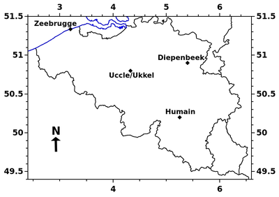 Carte de la Belgique où sont localisés les ceilomètres-LIDAR de l'IRM.