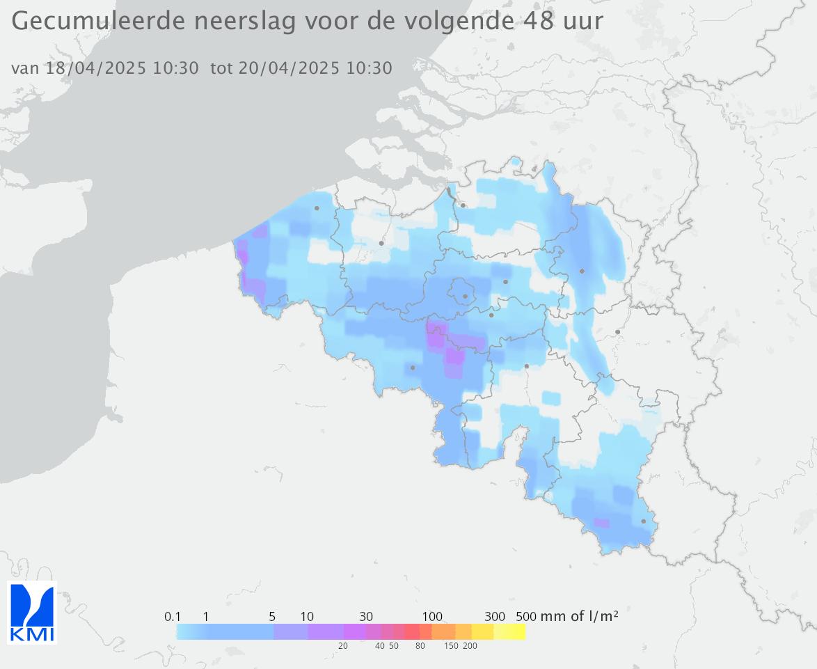 Verwachte neerslagtotalen volgende 48h