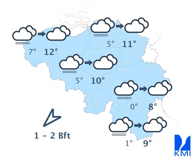 Weerkaart voor zondag met de verwachte temperaturen en weersymbolen in België