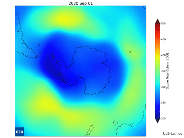 De gemiddelde totale ozonkolom uitgedrukt in eenheden Dobson (DU) voor de periode 1/9/2020 – 24/9/2020 (bron: AC SAF/LATMOS/ULB/EUMETSAT)