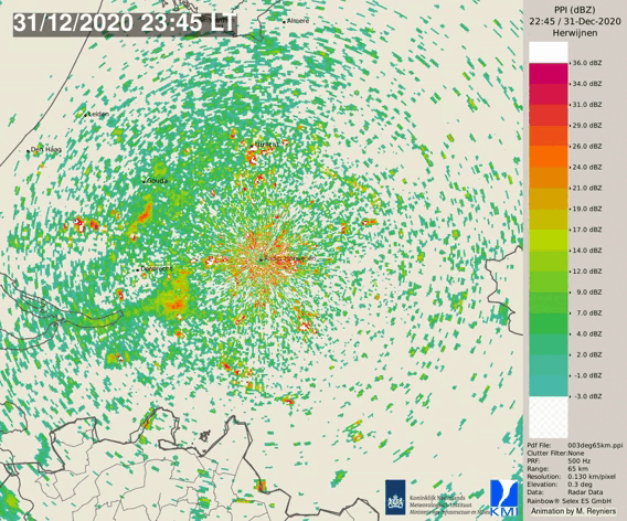 Animation d'images radar de Herwijnen provenant du KNMI avant et après le passage à l'année 2020/2021.